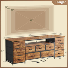 Huuger 63 Inch TV Stand for 65, 70 Inch TV, 11 Drawer Long Dresser with Power Outlets and LED Lights, Entertainment Center with Storage, Black Dresser with PU Leather Surface