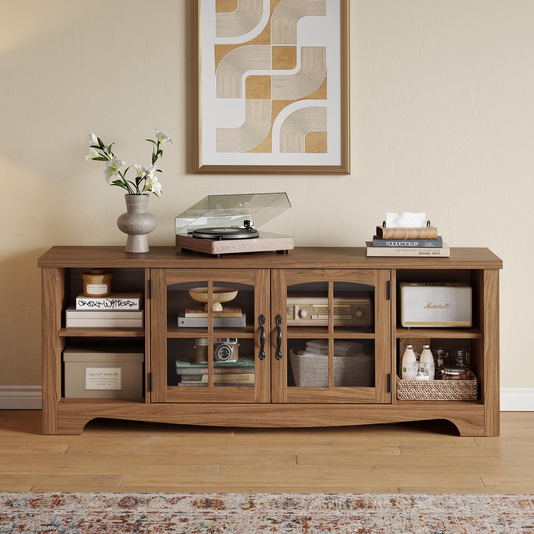 LINSY HOME Farmhouse TV Stand for 65 Inch TV, Wood Entertainment Center with Glass Door Storage Cabinet & Adjustable Shelves, Large Sturdy TV Console Table for Living Room Bedroom
