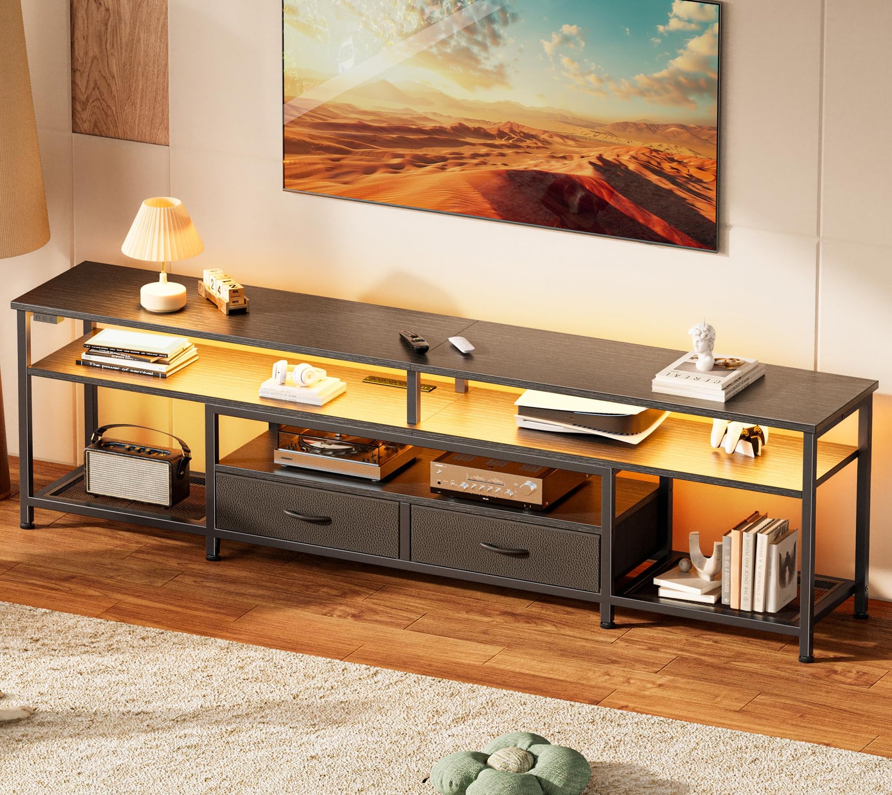 Huuger 63 Inch LED TV Stand for 65 70 Inch TV, Entertainment Center with Open Shelves and Power Outlets, TV Console for Living Room, Media Console with Drawers, Black