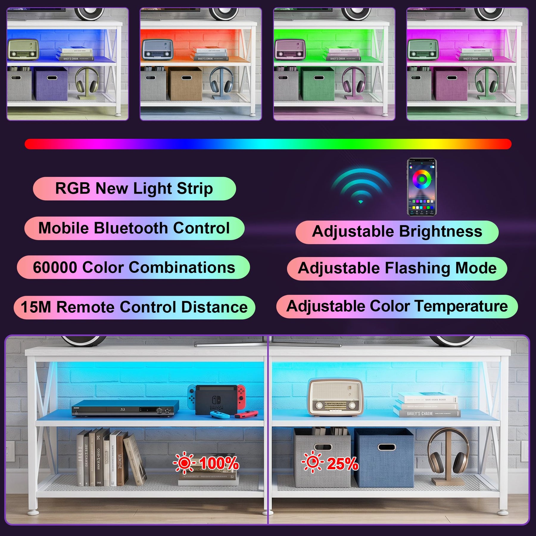 Clikuutory Modern 71 inch Metal TV Stand with LED Lights for 50 55 60 65 70 75 80 Inch TVs, 3 Tier Television Stands with Entertainment Center and Storage for Living Room, Bedroom, White