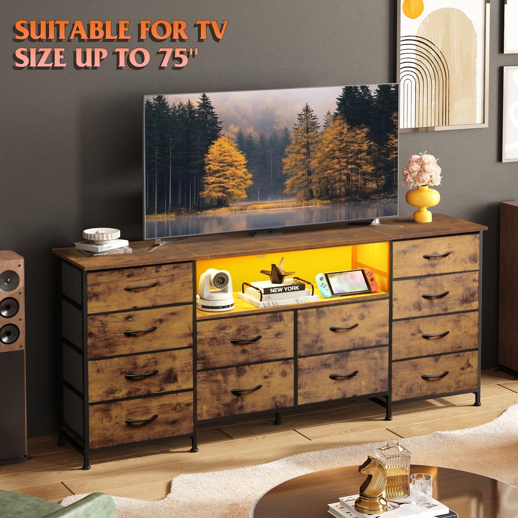 WLIVE LED Dresser TV Stand for 75 Inch TV, 12 Drawers, Black