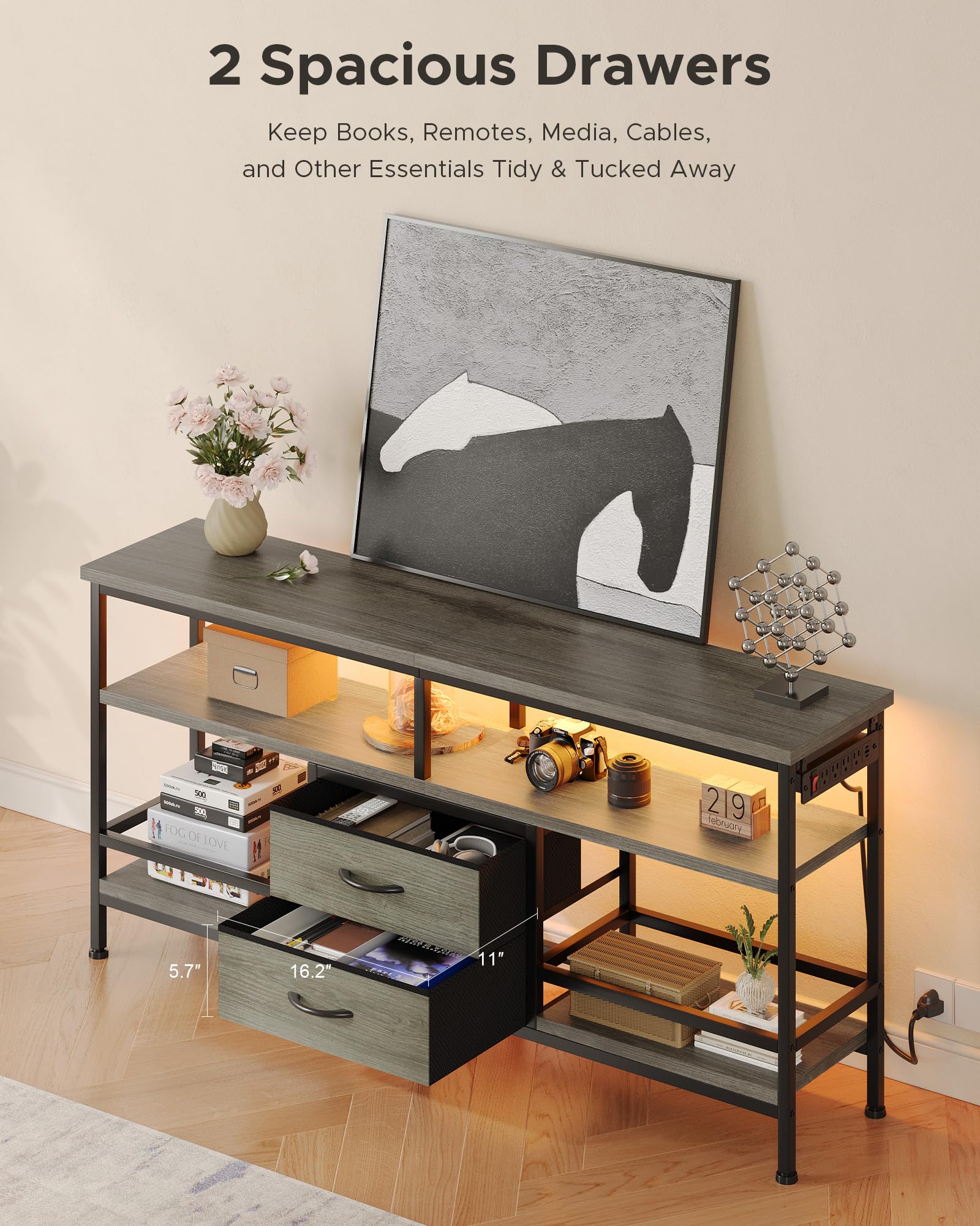 Lazzanto 63in TV Stand for 55-75in TVs, LED Lights, Charging Station, Black