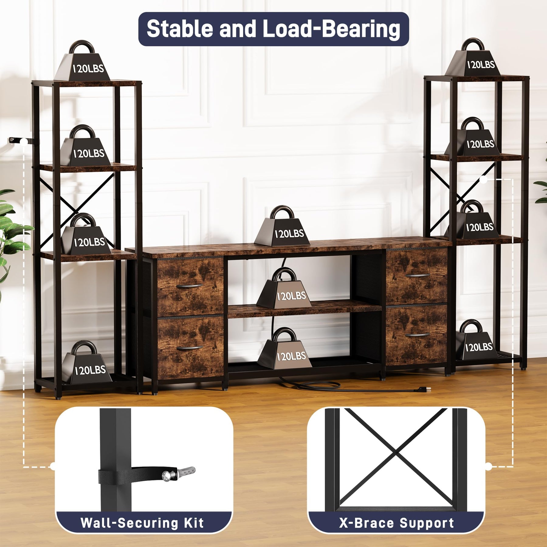 LED TV Stand Entertainment Center Bookshelf Combo with Charging Station