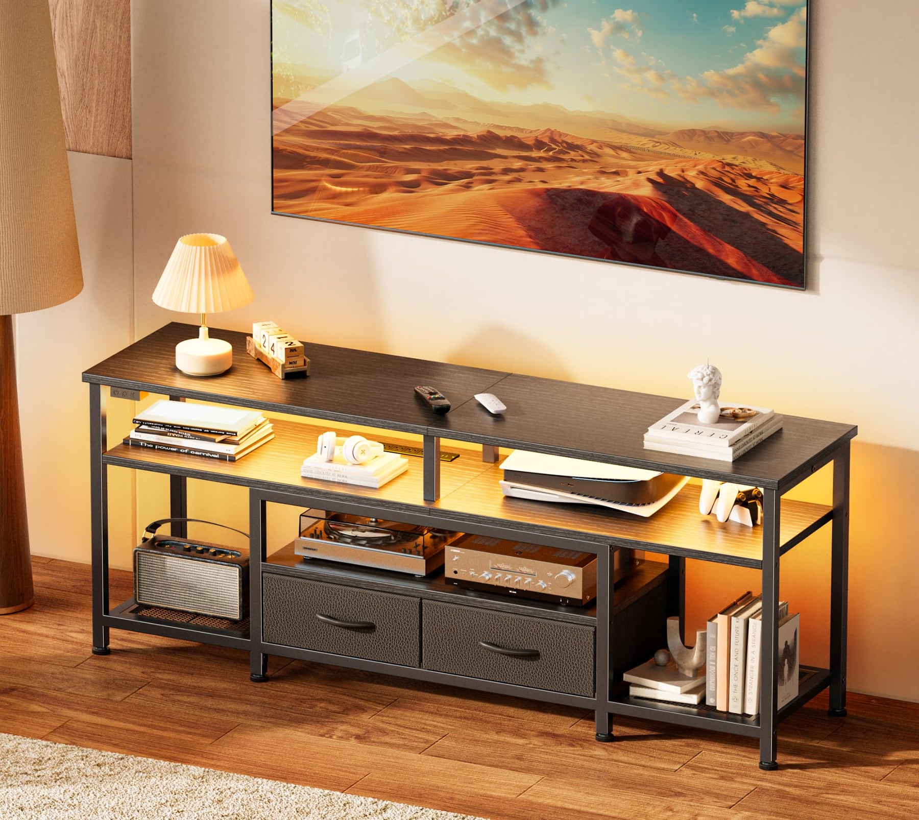 Huuger 63 Inch LED TV Stand for 65 70 Inch TV, Entertainment Center with Open Shelves and Power Outlets, TV Console for Living Room, Media Console with Drawers, Black