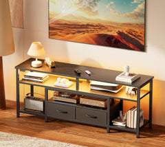 Huuger 63 Inch LED TV Stand for 65 70 Inch TV, Entertainment Center with Open Shelves and Power Outlets, TV Console for Living Room, Media Console with Drawers, Black