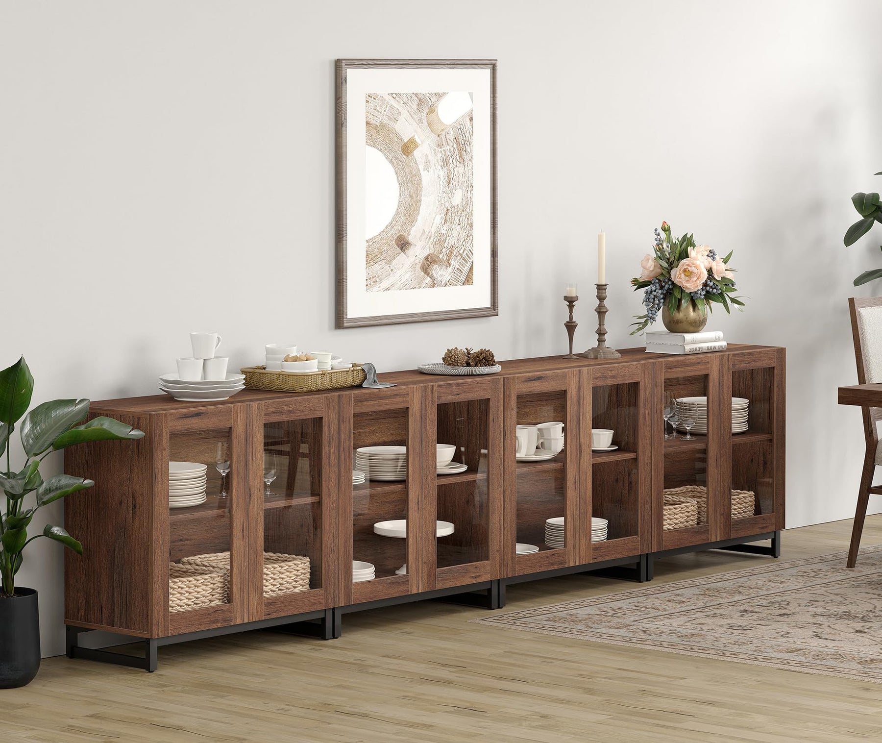 WAMPAT Modern TV Stand with Glass Doors for 80-120 inch TVs, 4 in 1 Entertainment Center Console with 4 Drawers and Metal Base for Living Room, Bedroom, Brown