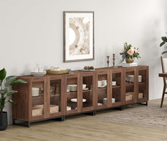 WAMPAT Modern TV Stand with Glass Doors for 80-120 inch TVs, 4 in 1 Entertainment Center Console with 4 Drawers and Metal Base for Living Room, Bedroom, Brown