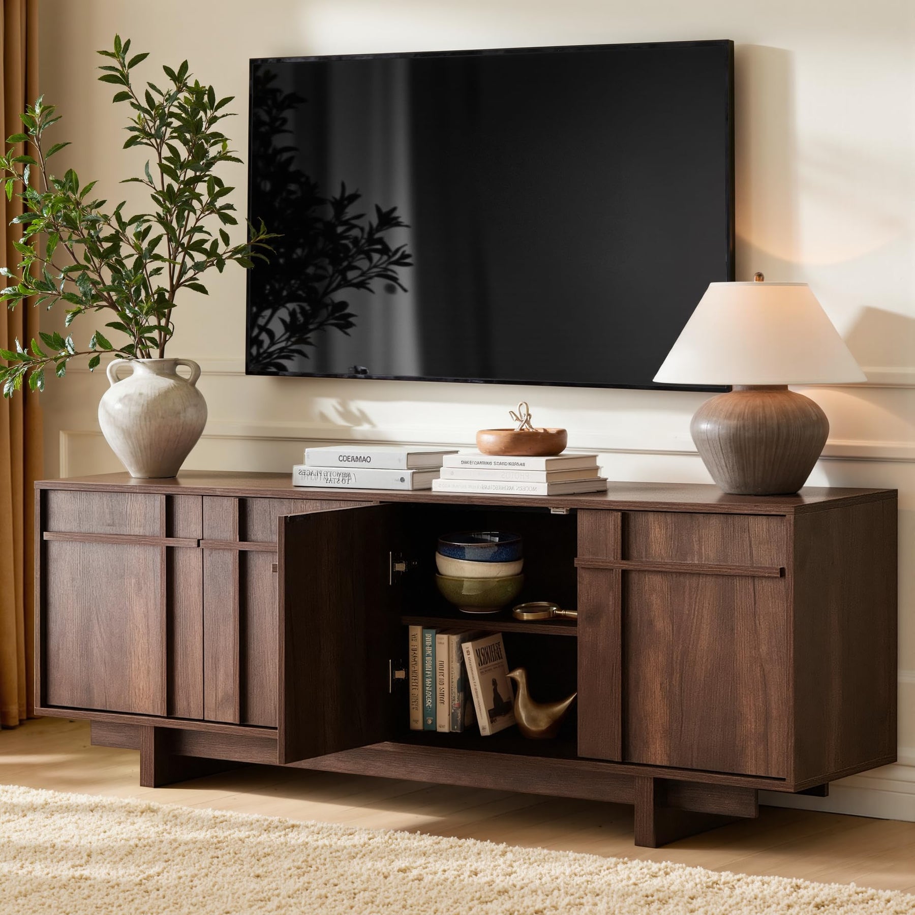 Vitalikus 65.6" Mid Century Modern TV Stand for 75 Inch TV, Walnut