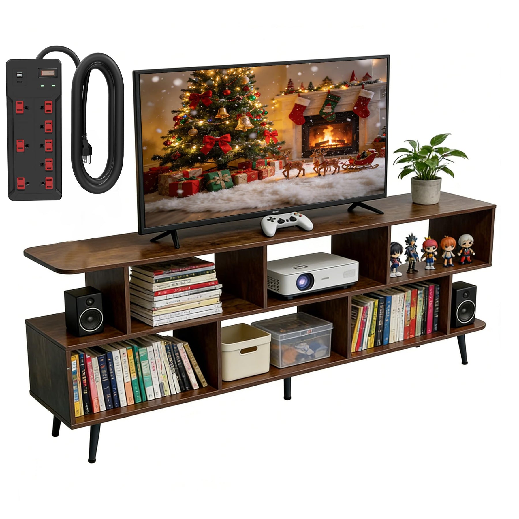 ACOHOOK Walnut 60" Mid-Century TV Stand with Storage Open Shelf