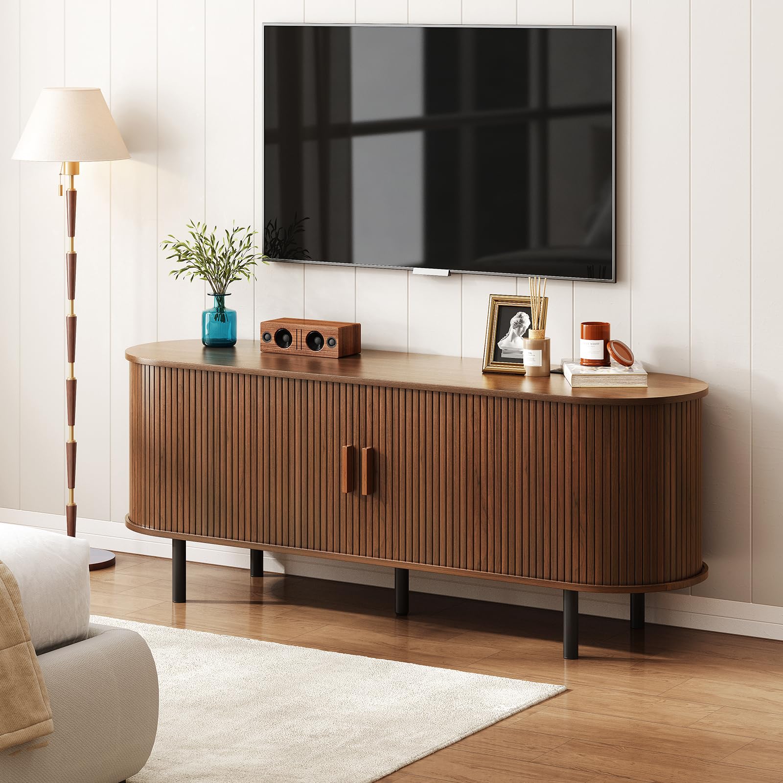 ONBRILL 70.8" TV Stand with Power Outlet for TVs up to 75 Inch, Entertainment Center with Storage and Adjustable Shelves, Modern Media Console with Sliding Doors for Living Room, Walnut