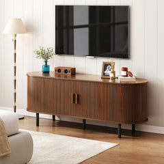 ONBRILL 70.8" TV Stand with Power Outlet for TVs up to 75 Inch, Entertainment Center with Storage and Adjustable Shelves, Modern Media Console with Sliding Doors for Living Room, Walnut