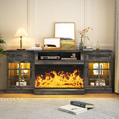 MXV 70" Fireplace TV Stand, 3-Sided Glass Fireplace and Modern Entertainment Center, Wooden Media Console with Glass Doors & Storage Drawers, LED Light, for Living Room, Antique White