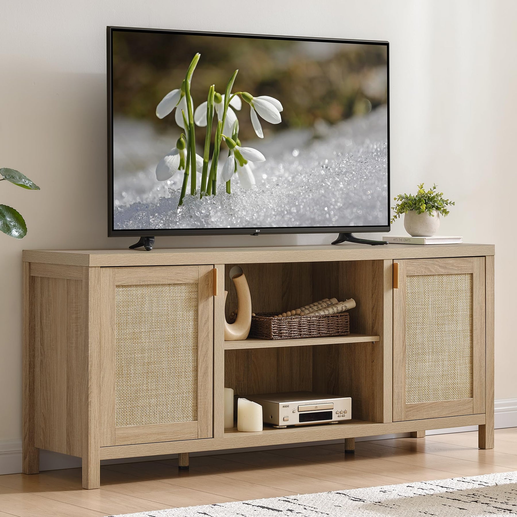 SICOTAS TV Stands for Living Room 59" Rattan TV Console with Storage