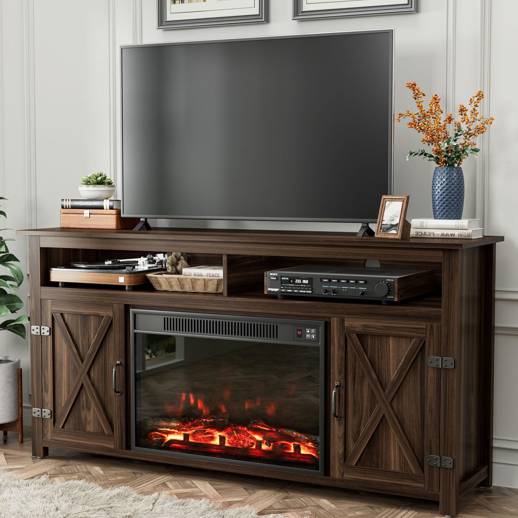 YESHOMY 58" Farmhouse TV Stand for TVs up to 65", Sliding Barn Doors, White