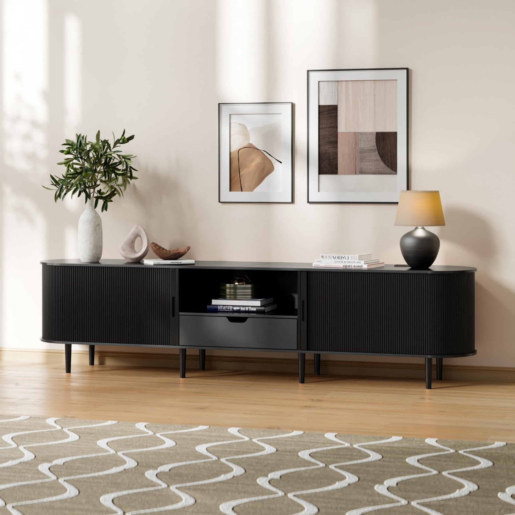 DHH 86.6" Fluted TV Stand with Power Outlet for TVs up to 90", TV Console with Adjustable Shelves and Sliding Door,Mid Century Modern Entertainment Center for Living Room,Bedroom (Walnut)