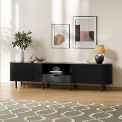 DHH 86.6" Fluted TV Stand with Power Outlet for TVs up to 90", TV Console with Adjustable Shelves and Sliding Door,Mid Century Modern Entertainment Center for Living Room,Bedroom (Walnut)