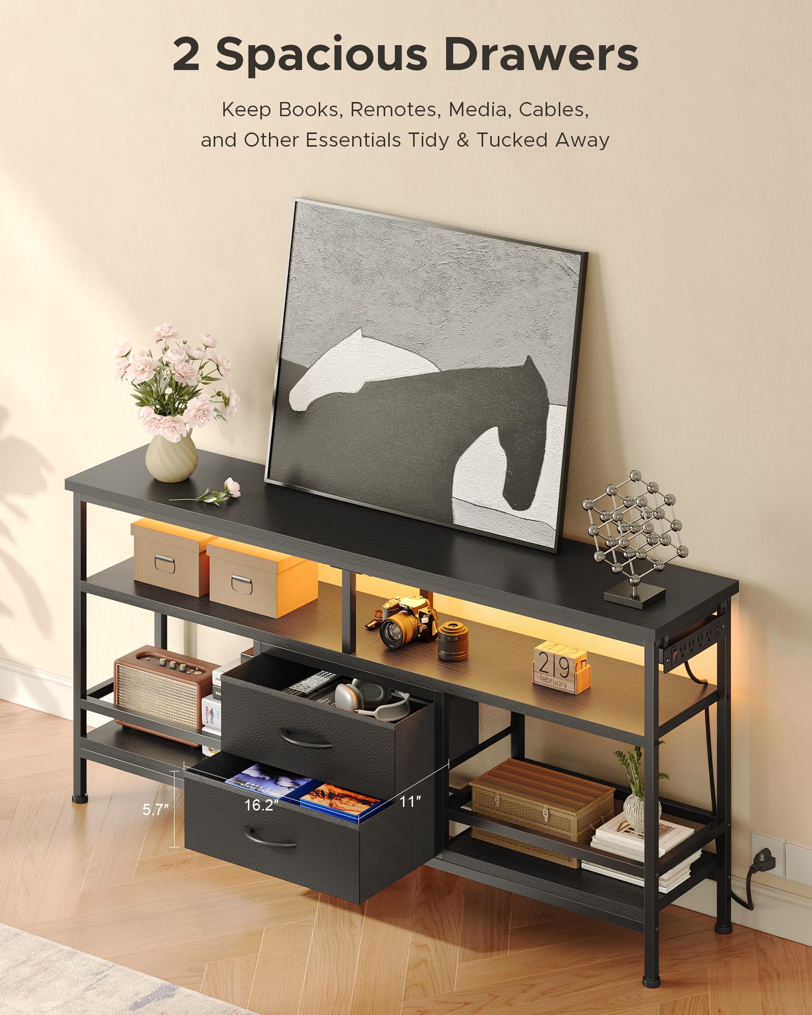 Lazzanto 63in TV Stand for 55-75in TVs, LED Lights, Charging Station, Black