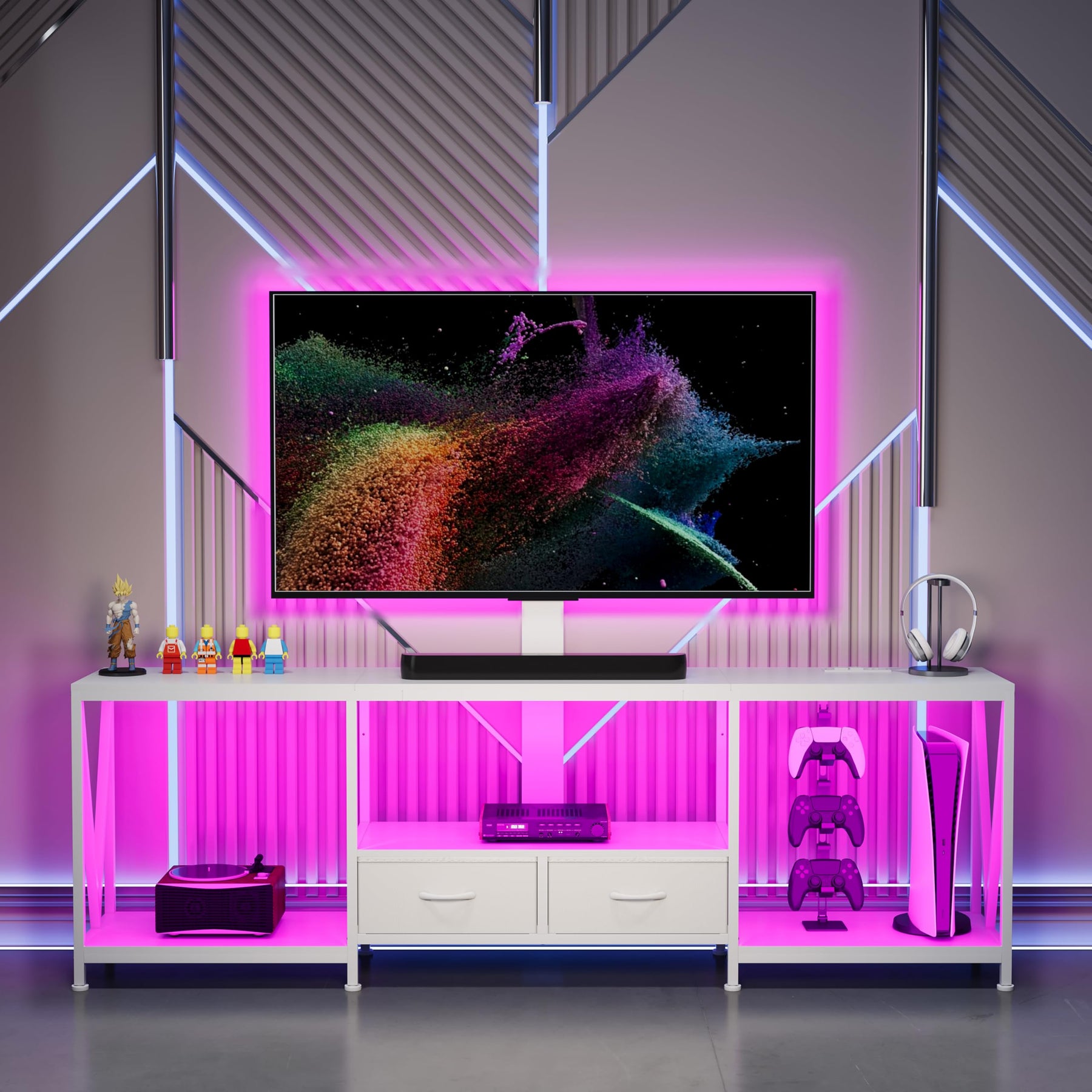 NinPeen 63" W TV Stand with Mount,LED & Charging Station for 55,65,75" TV