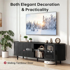 OneBlis 70" Mid Century Modern TV Stand, Wood TV Consoles with Sliding Doors and Power Outlet, Entertainment Center with Adjustable Shelves, Fluted TV Stands for Living Room, Walnut