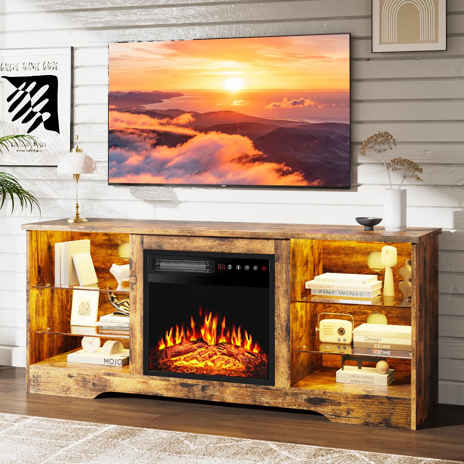 PRETZI Fireplace TV Stand with 36" Fireplace Up to 80" TVs for Living Room