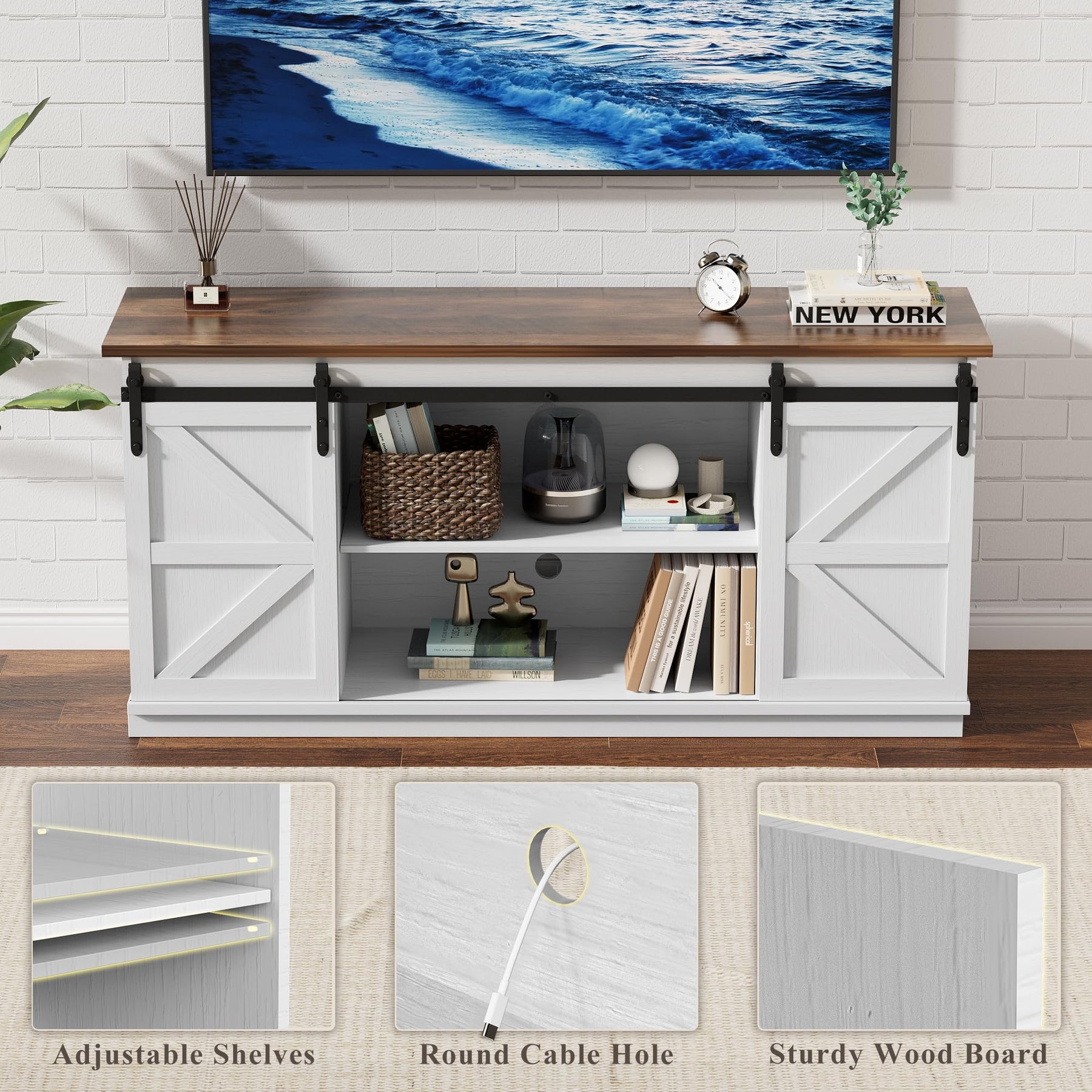 YESHOMY 58" Farmhouse TV Stand for TVs up to 65", Sliding Barn Doors, White