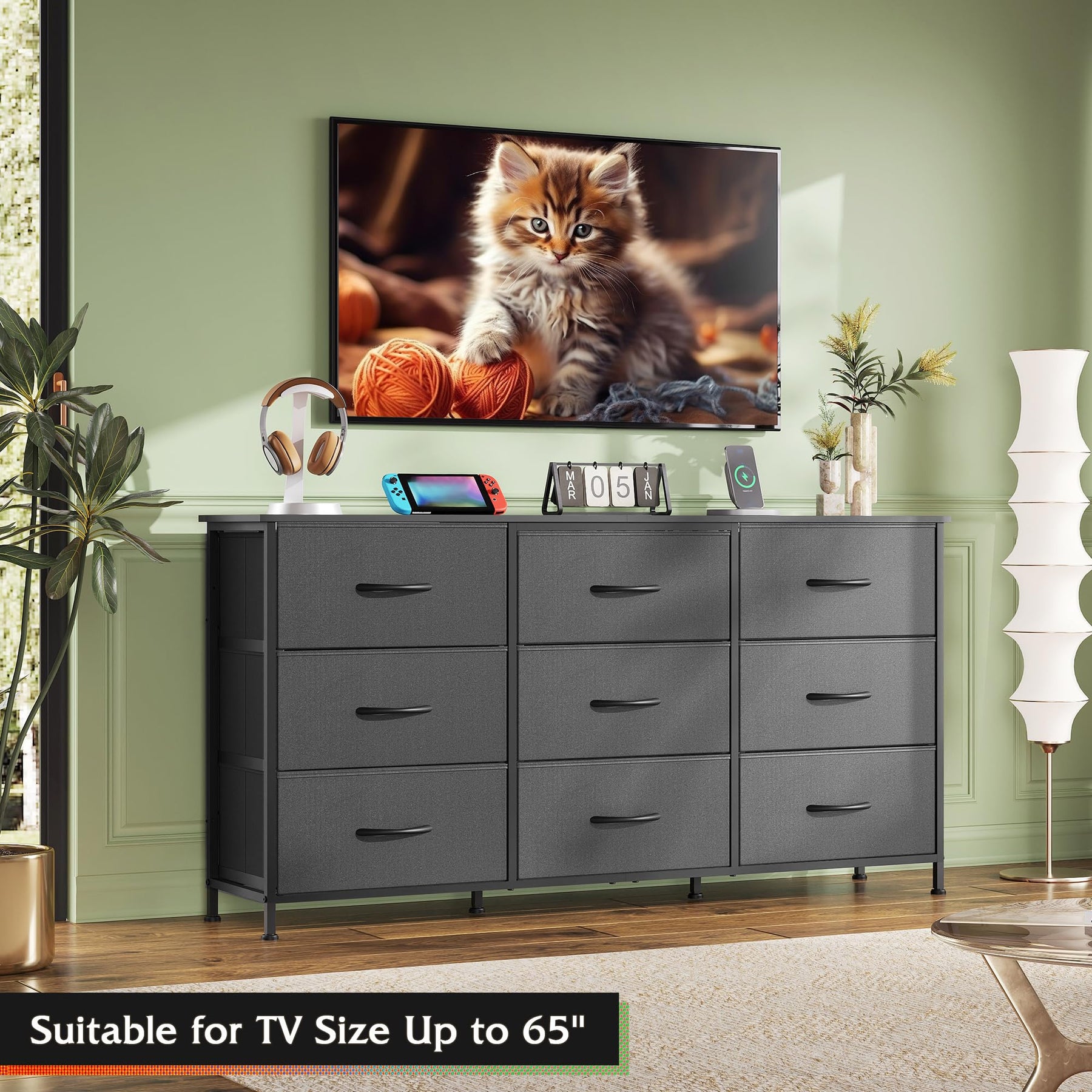 WLIVE Dresser TV Stand for 75 Inch TV, 9 Drawer Dresser for Bedroom, Black