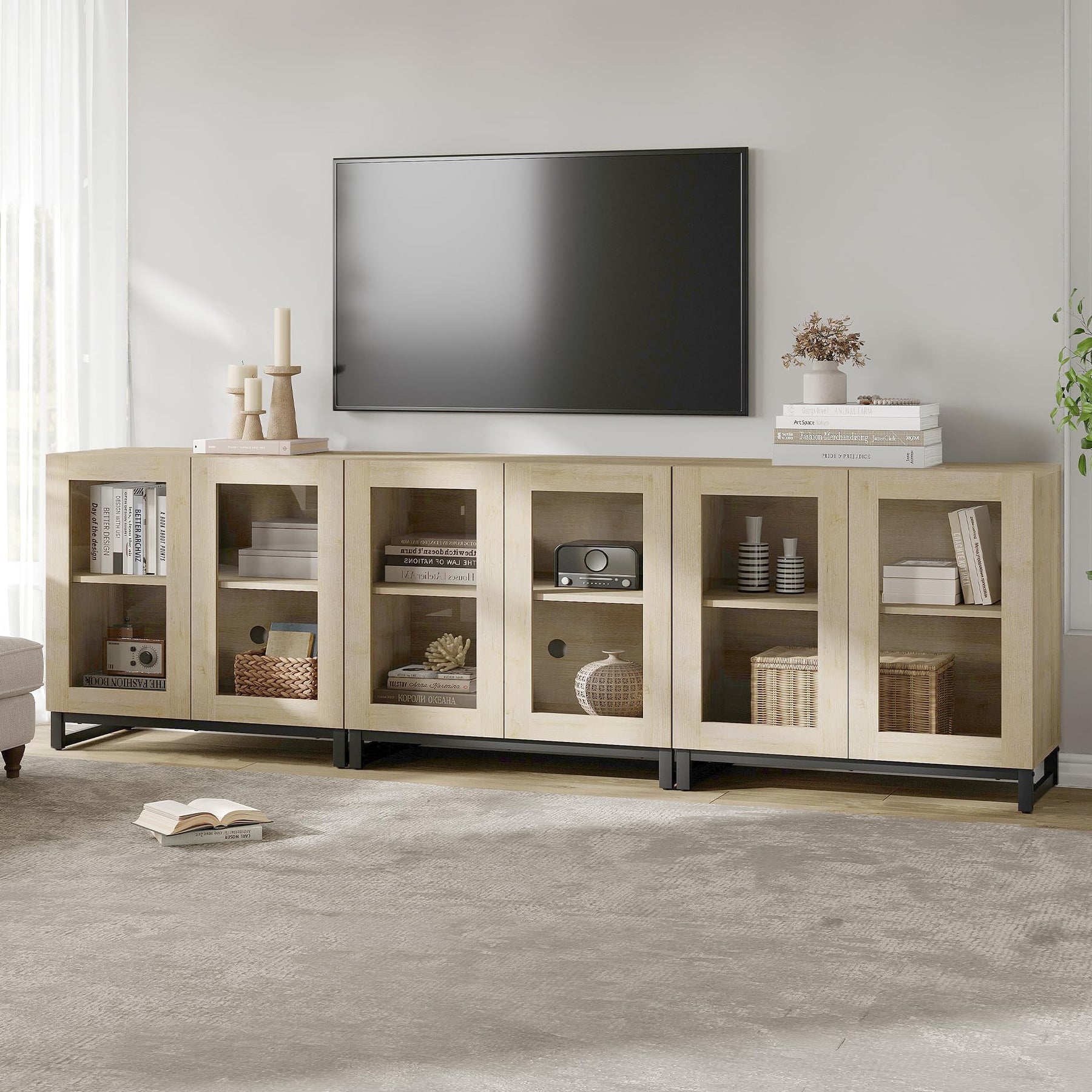 WAMPAT Modern TV Stand with Glass Doors for 80-120 inch TVs, 4 in 1 Entertainment Center Console with 4 Drawers and Metal Base for Living Room, Bedroom, Brown