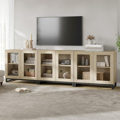 WAMPAT Modern TV Stand with Glass Doors for 80-120 inch TVs, 4 in 1 Entertainment Center Console with 4 Drawers and Metal Base for Living Room, Bedroom, Brown