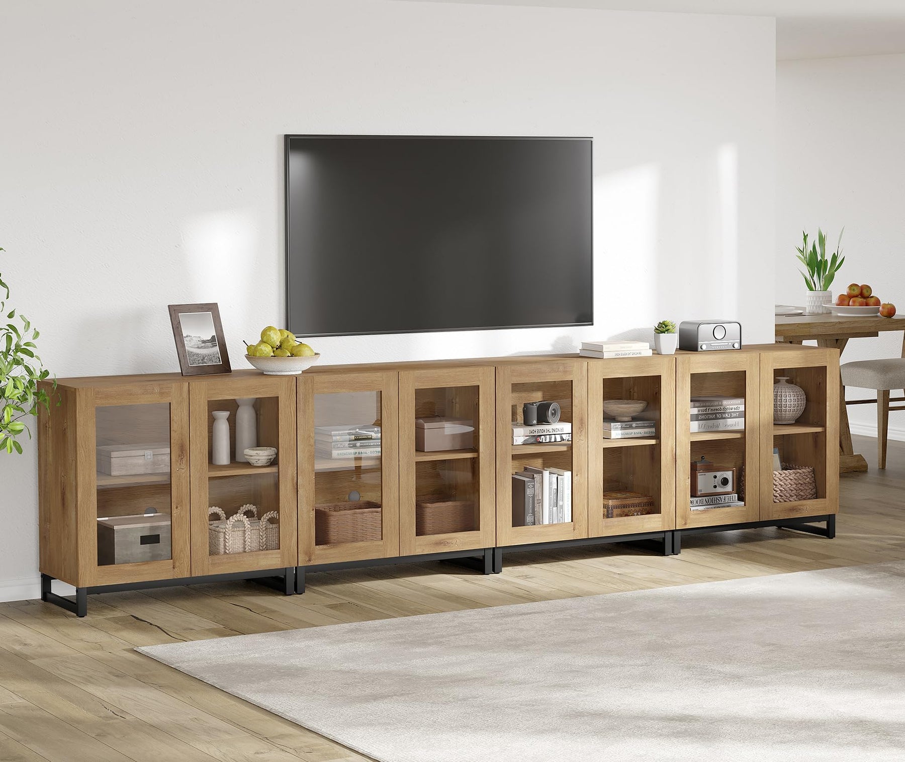 WAMPAT Modern TV Stand with Glass Doors for 80-120 inch TVs, 4 in 1 Entertainment Center Console with 4 Drawers and Metal Base for Living Room, Bedroom, Brown