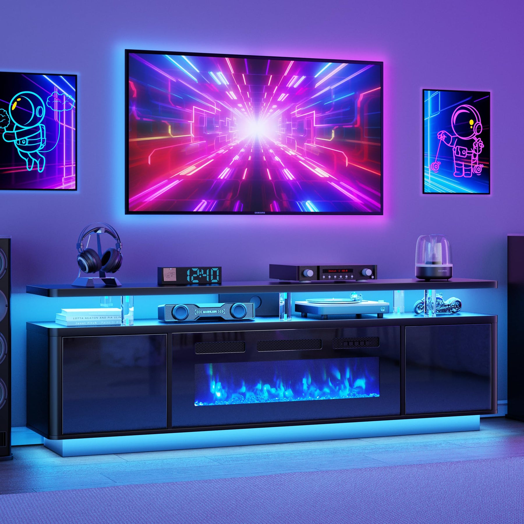OneBlis 70" Fireplace TV Stand with Double LED Lights for TVs UP to 80", Electric Fireplace Entertainment Center with Storage Cabinets, TV Console for Living Room, Office, Black1