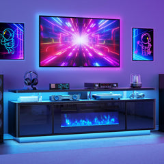 OneBlis 70" Fireplace TV Stand with Double LED Lights for TVs UP to 80", Electric Fireplace Entertainment Center with Storage Cabinets, TV Console for Living Room, Office, Black1