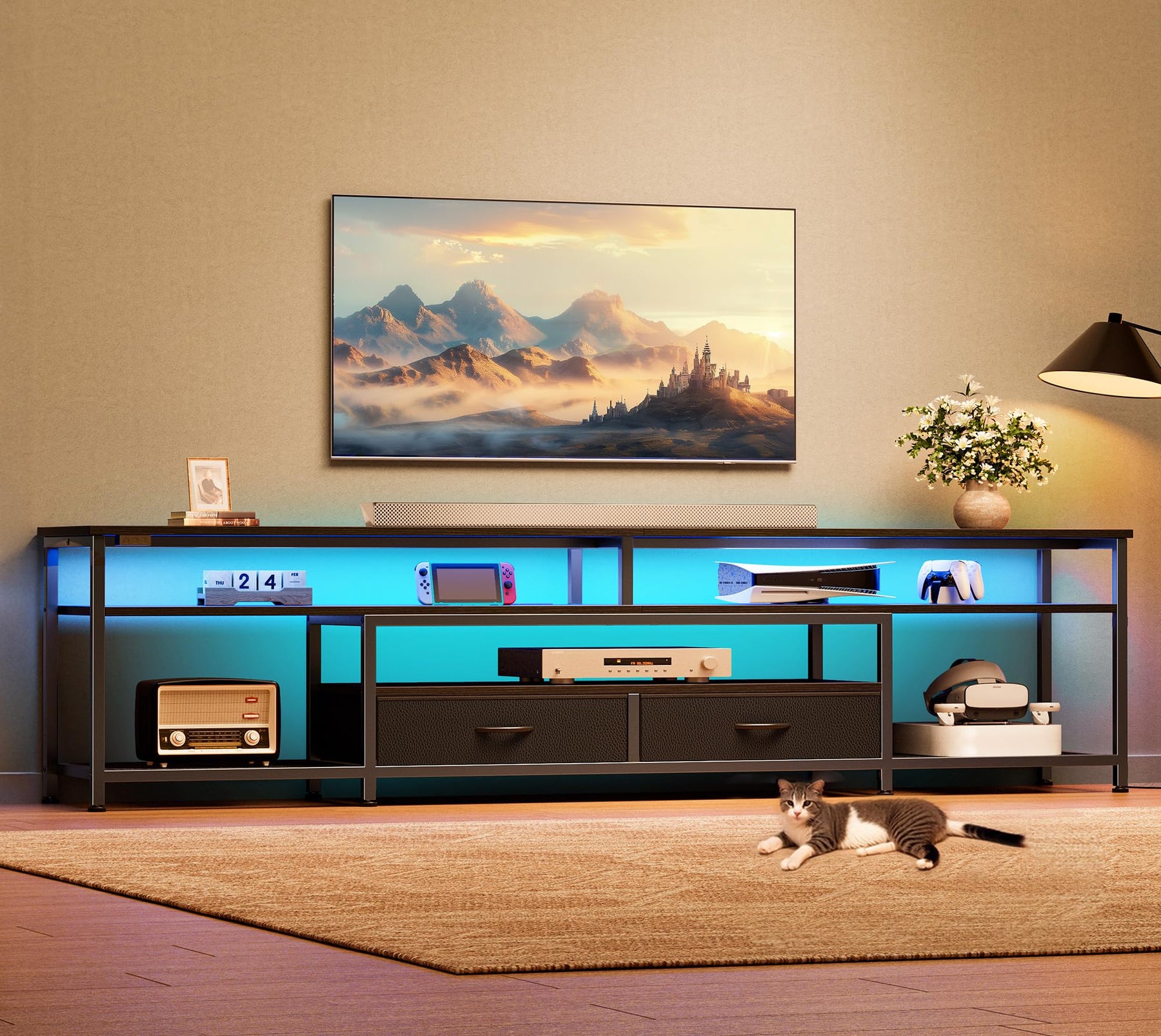 Huuger 63 Inch LED TV Stand for 65 70 Inch TV, Entertainment Center with Open Shelves and Power Outlets, TV Console for Living Room, Media Console with Drawers, Black