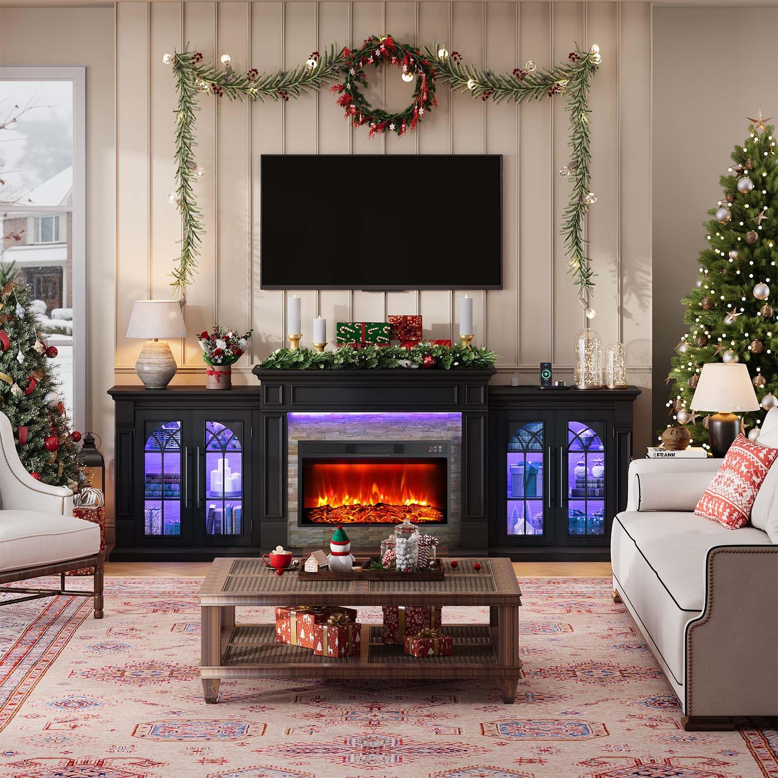HolliWill 104" Fireplace TV Stand for TVs Up to 100 Inch, LED Electric Fireplace with Mantel and Sideboard Cabinets, Entertainment Center with 4 Glass Doors and Outlet, Modern for Living Room