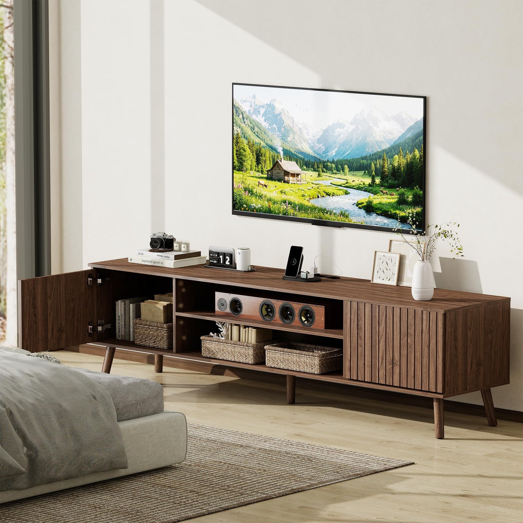 YOSHOOT 63" TV Stand for Living Room, Mid Century Modern Entertainment Center with Power Outlet Fit TVs Up to 70 inch, Fluted Media Console with Open Shelves and Storage Cabinets for Bedroom, Natural