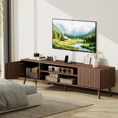 YOSHOOT 63" TV Stand for Living Room, Mid Century Modern Entertainment Center with Power Outlet Fit TVs Up to 70 inch, Fluted Media Console with Open Shelves and Storage Cabinets for Bedroom, Natural