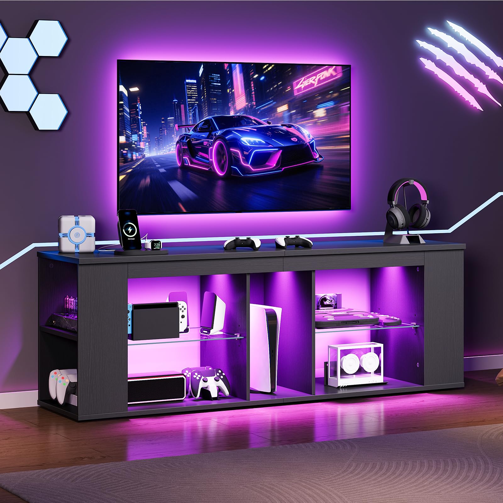 CHOEZON 55" TV Stand for up to 65" TVs with RGB LED Lights, Built-in Power Outlet, Adjustable Glass Shelves & Open Storage, Modern Media Console for Living Room & Game Room, Black MDS05UDBB