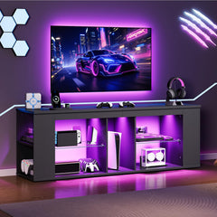 CHOEZON 55" TV Stand for up to 65" TVs with RGB LED Lights, Built-in Power Outlet, Adjustable Glass Shelves & Open Storage, Modern Media Console for Living Room & Game Room, Black MDS05UDBB