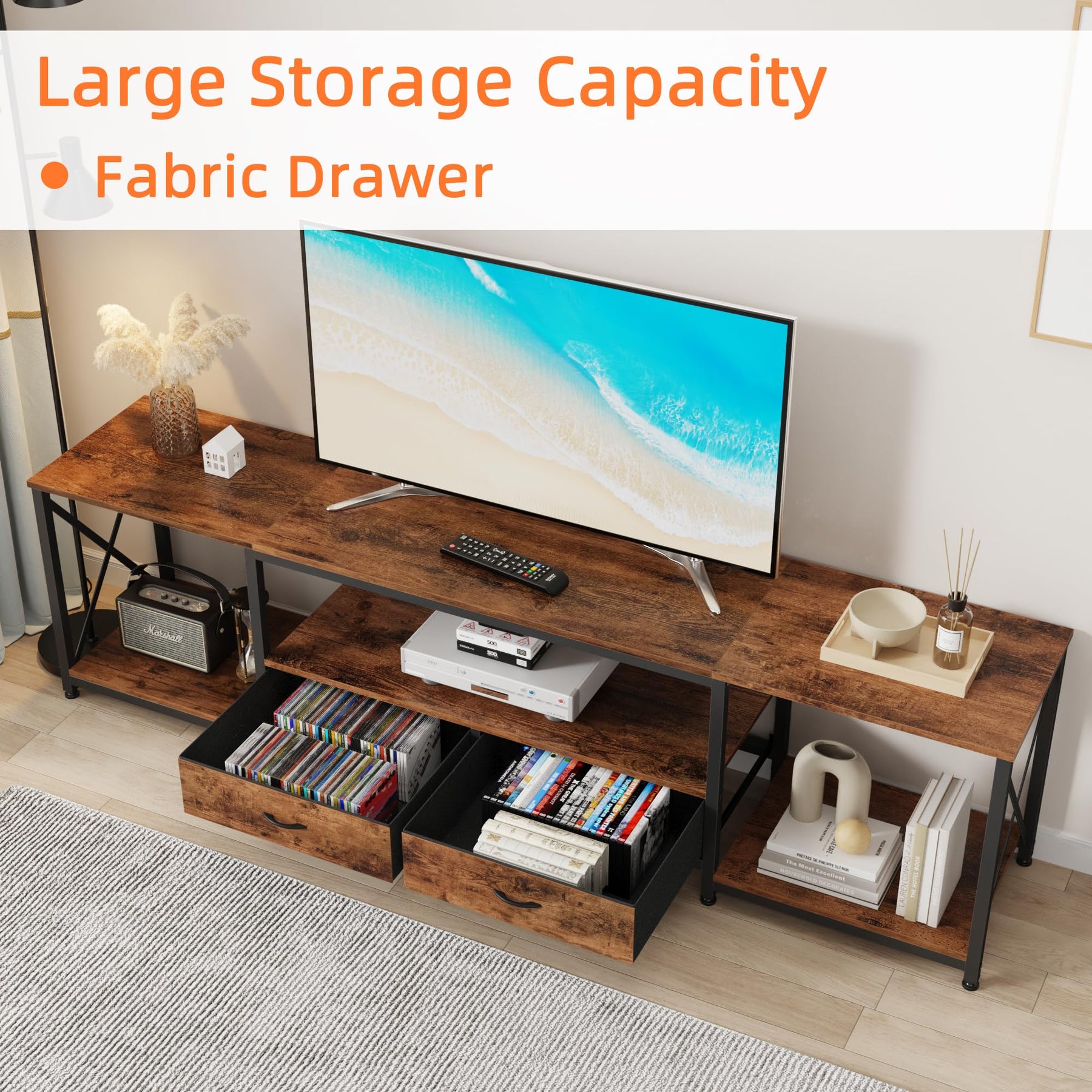 GYIIYUO TV Stand with Fabric Drawer - Entertainment Center and Industrial TV Console Table with Open Storage Shelves for Living Room, Bedroom - 55.1" Rustic Brown