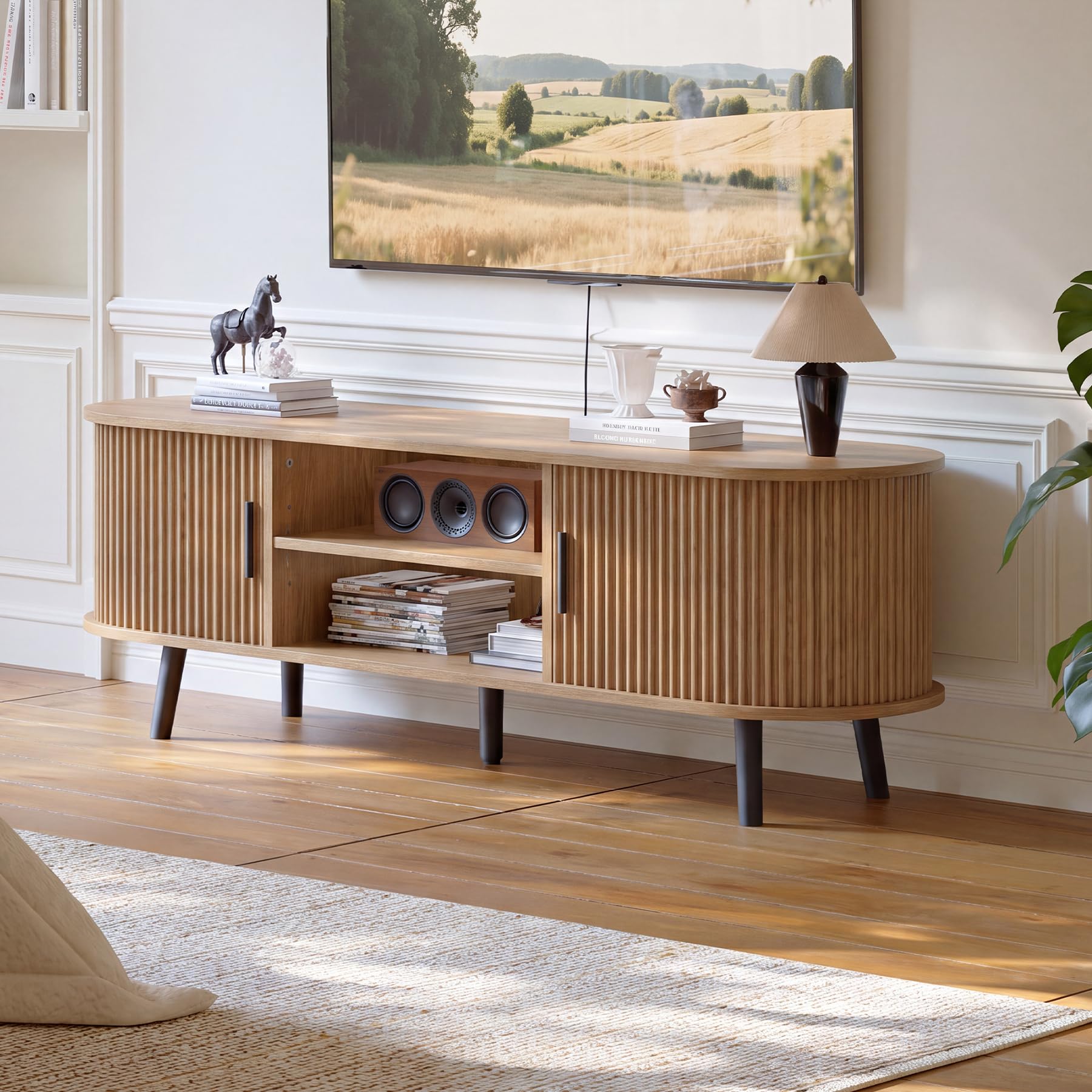 ChooChoo 54" Mid Century Modern TV Stand with Fluted Sliding Doors