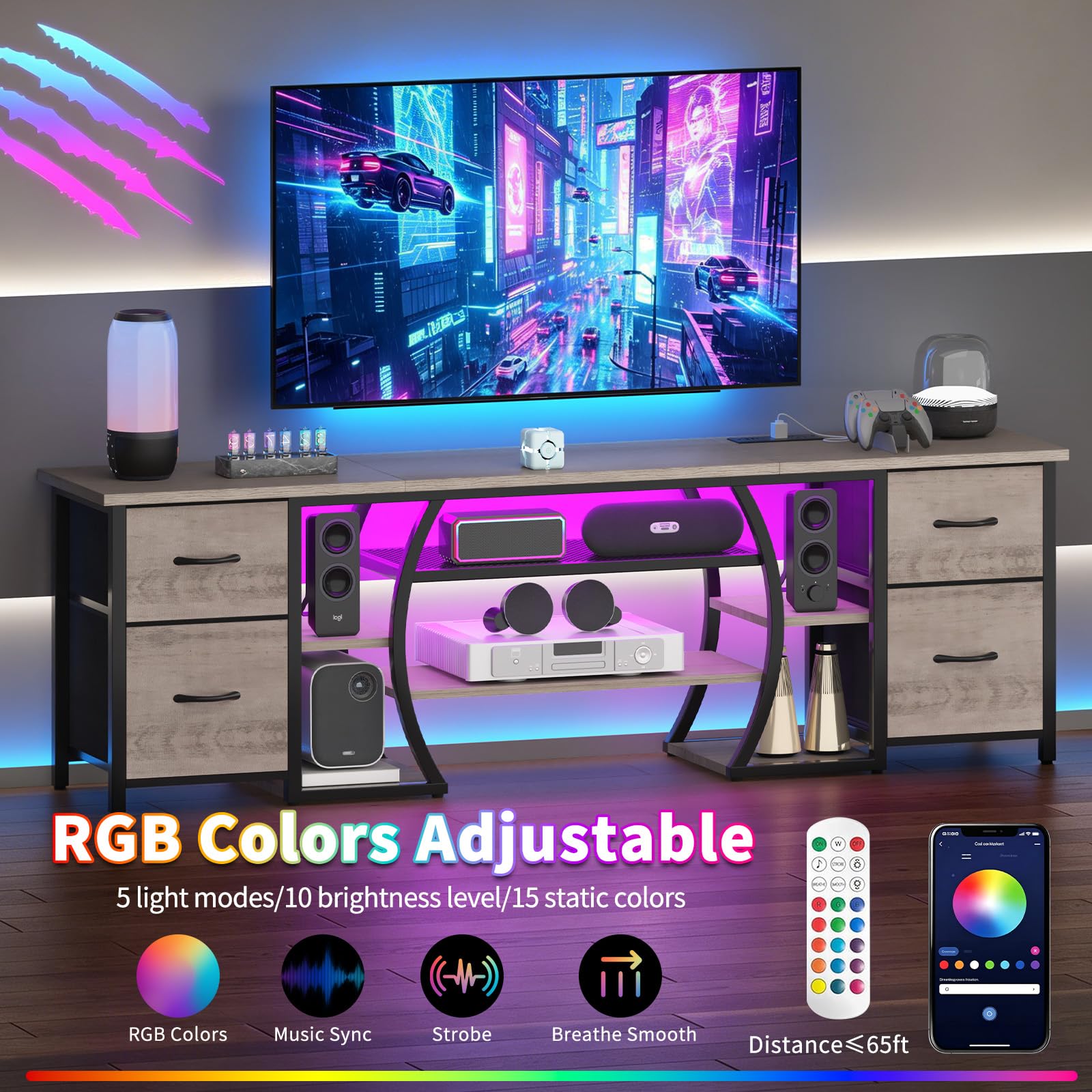 ZHNSYDN LED TV Stand for 65, 70, 80 Inch TV,71 Inch Industrial Entertainment Center with Power Outlets,Media Console Table with Open Storage Shelves & Fabric Drawers for Living Room Bedroom,Greige