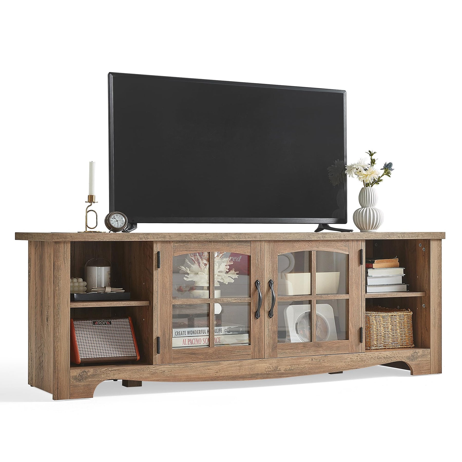 LINSY HOME Farmhouse TV Stand for 65 Inch TV, Wood Entertainment Center with Glass Door Storage Cabinet & Adjustable Shelves, Large Sturdy TV Console Table for Living Room Bedroom