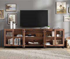 WAMPAT Modern TV Stand with Glass Doors for 80-120 inch TVs, 4 in 1 Entertainment Center Console with 4 Drawers and Metal Base for Living Room, Bedroom, Brown