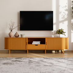 DHH 86.6" Fluted TV Stand with Power Outlet for TVs up to 90", TV Console with Adjustable Shelves and Sliding Door,Mid Century Modern Entertainment Center for Living Room,Bedroom (Walnut)