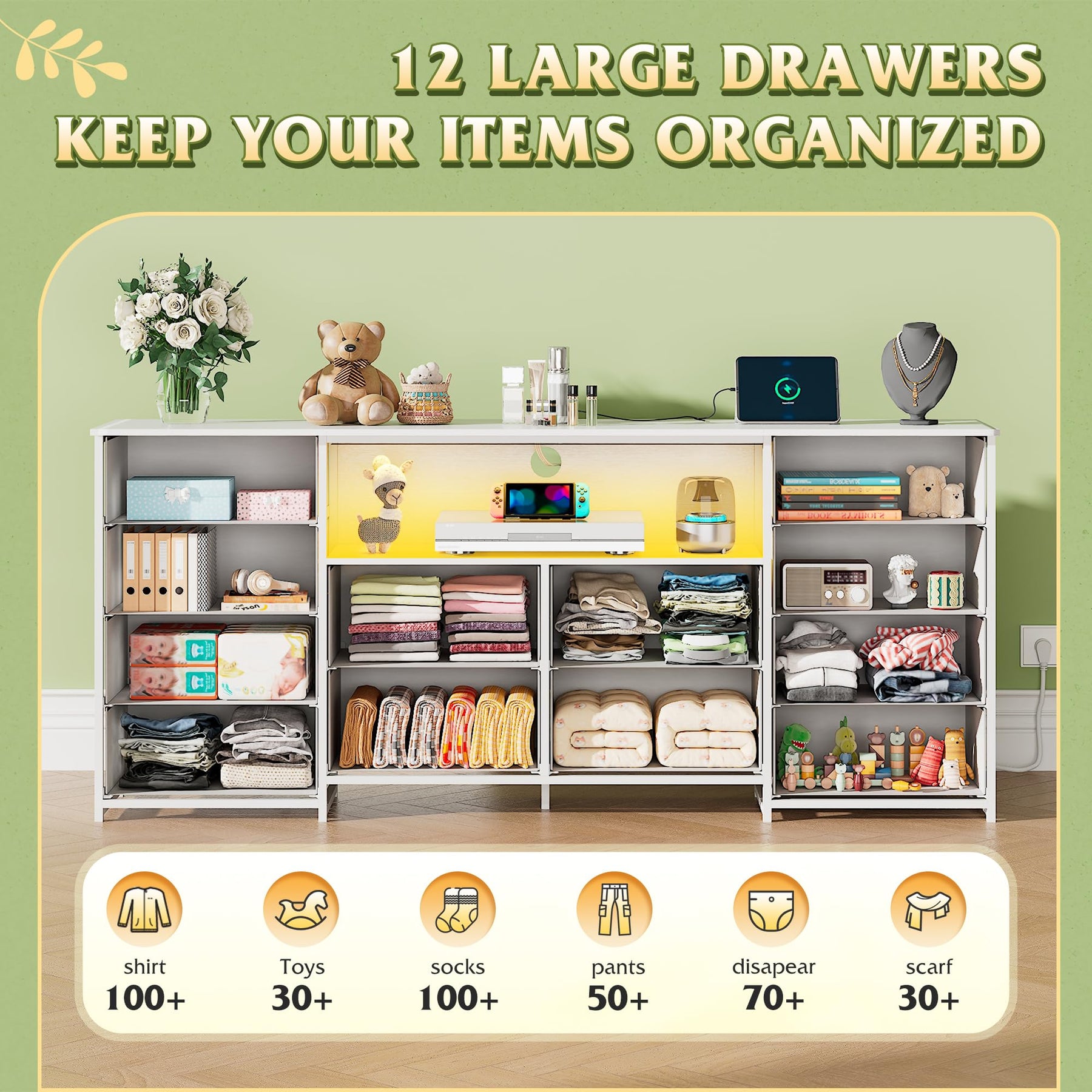 WLIVE LED Dresser TV Stand for 65 Inch TV, 8 Drawers, Rustic Brown