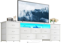 Huuger 63 Inch TV Stand for 65, 70 Inch TV, 11 Drawer Long Dresser with Power Outlets and LED Lights, Entertainment Center with Storage, Black Dresser with PU Leather Surface