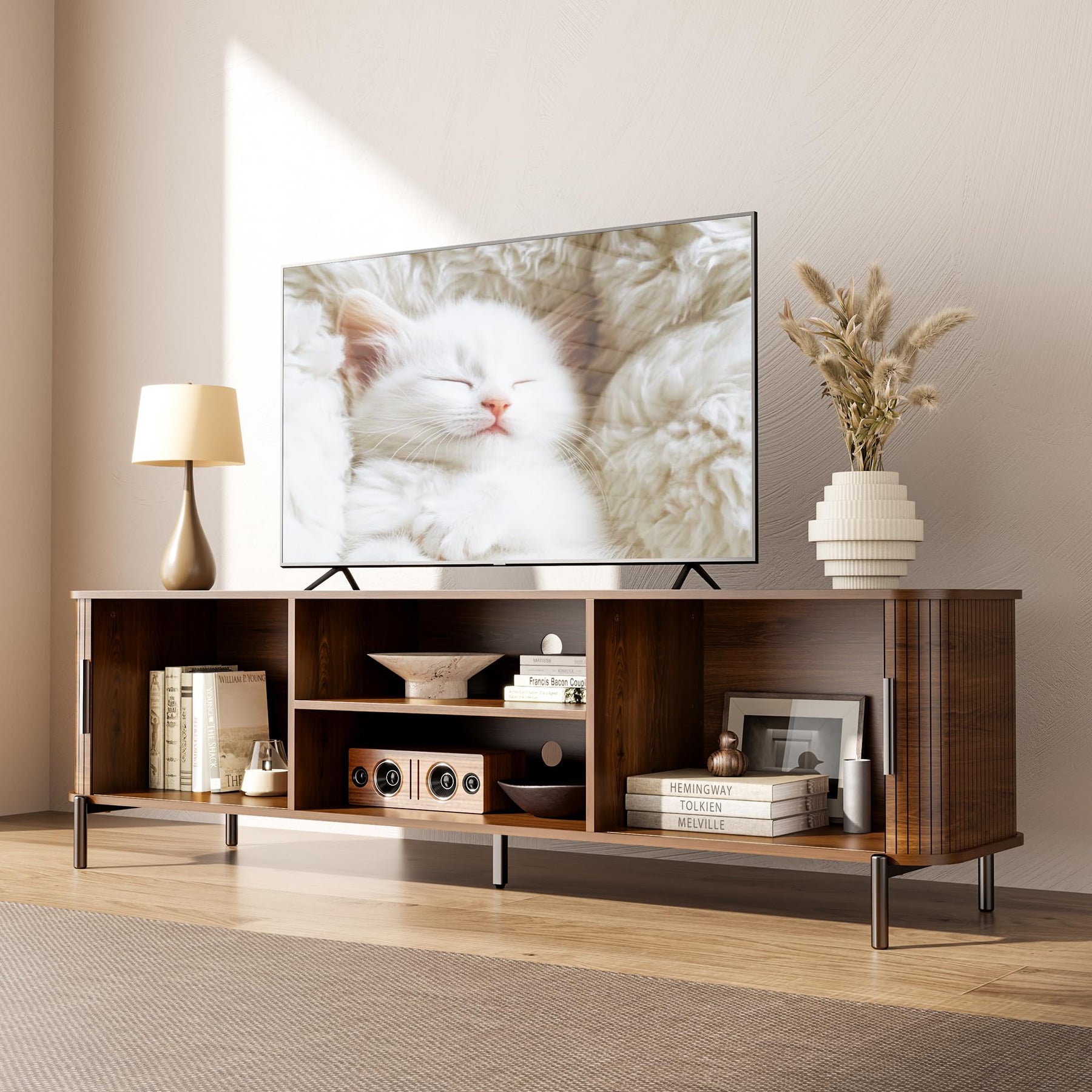 SUNCOZE 70" Mid-Century Fluted TV Stand with Storage up to 80 Inch, Walnut