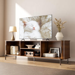 SUNCOZE 70" Mid-Century Fluted TV Stand with Storage up to 80 Inch, Walnut