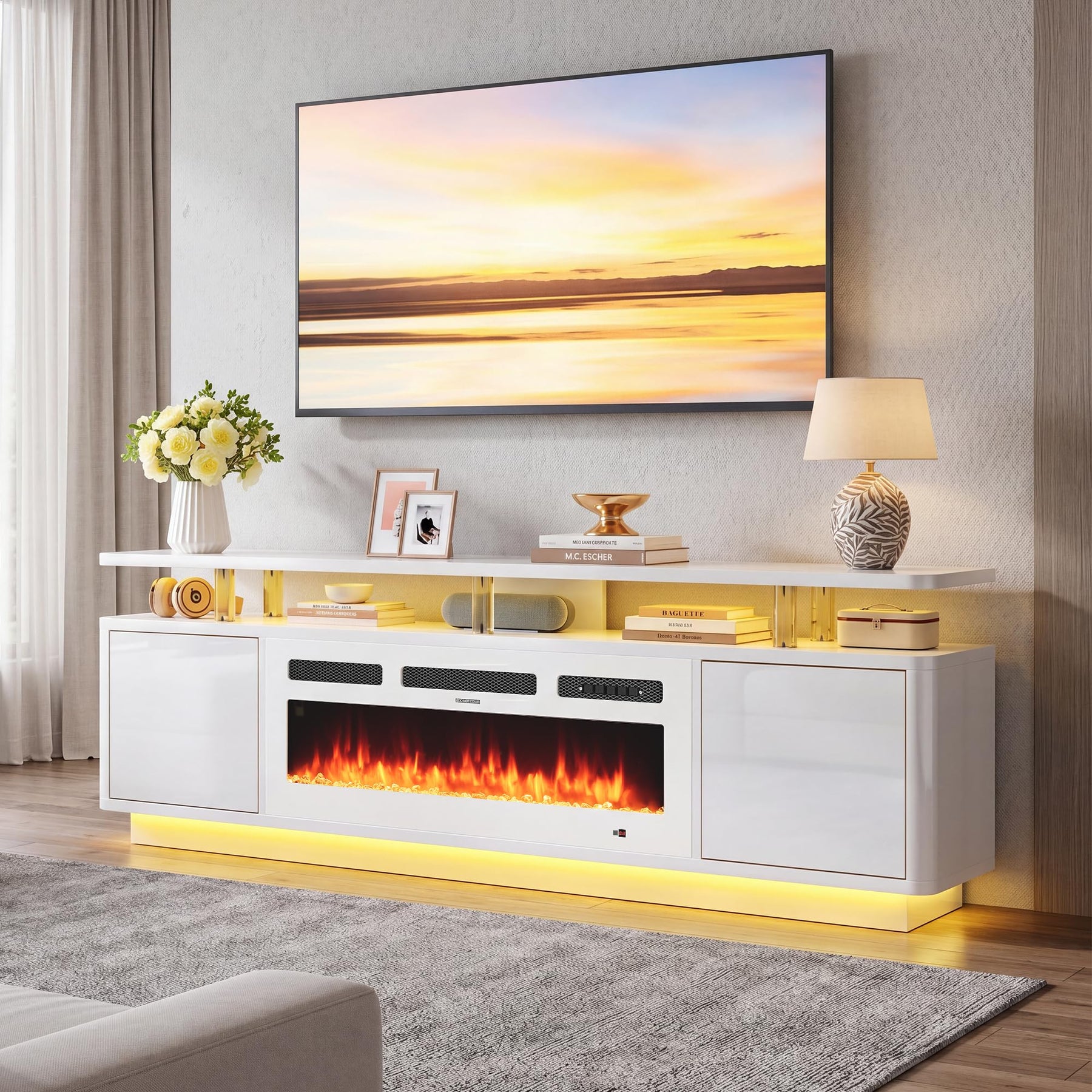 OneBlis 70" Fireplace TV Stand with Double LED Lights for TVs UP to 80", Electric Fireplace Entertainment Center with Storage Cabinets, TV Console for Living Room, Office, Black1