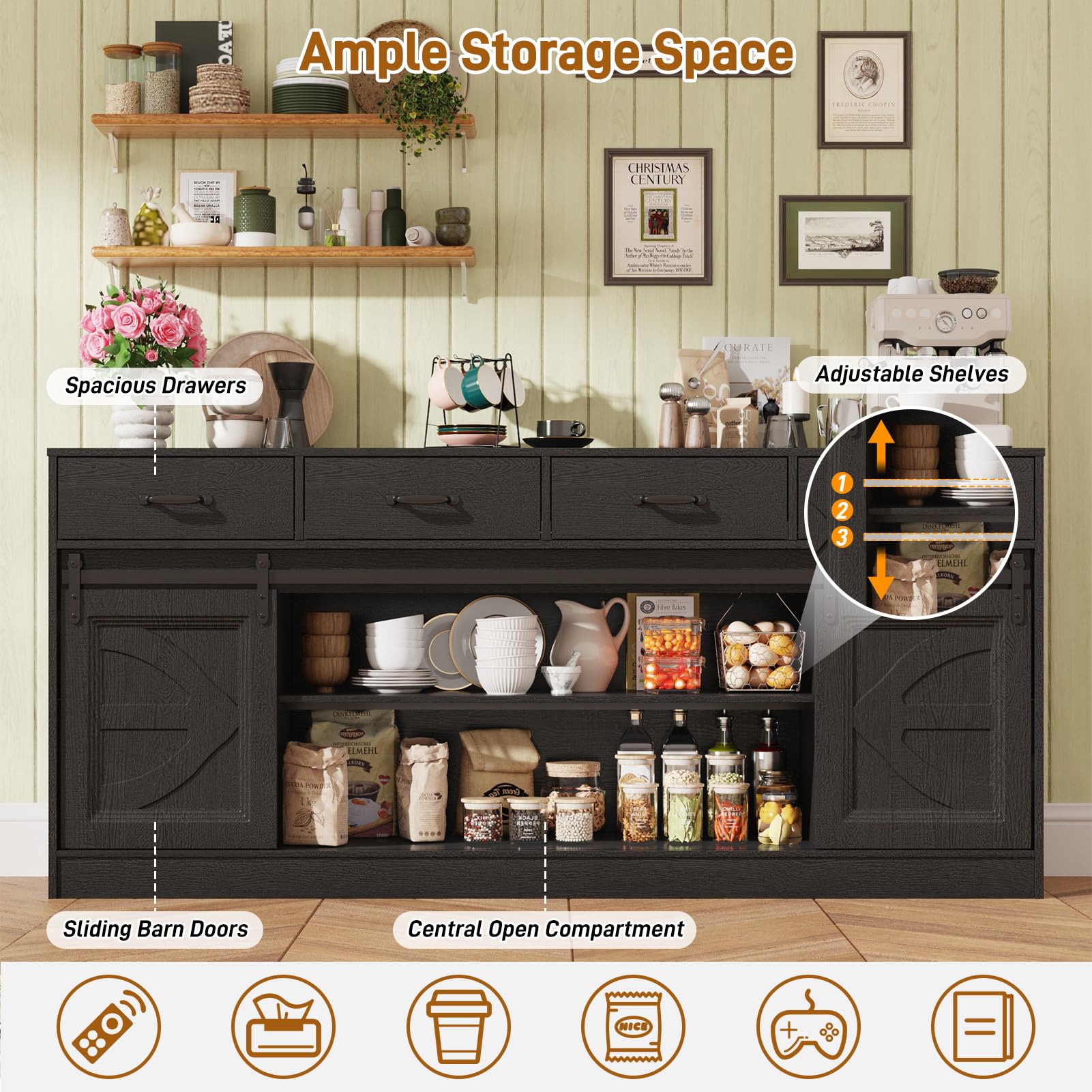 70" Large Farmhouse Tall TV Stand for 85/80/75/70 Inch TVs,4 Drawers,Brown