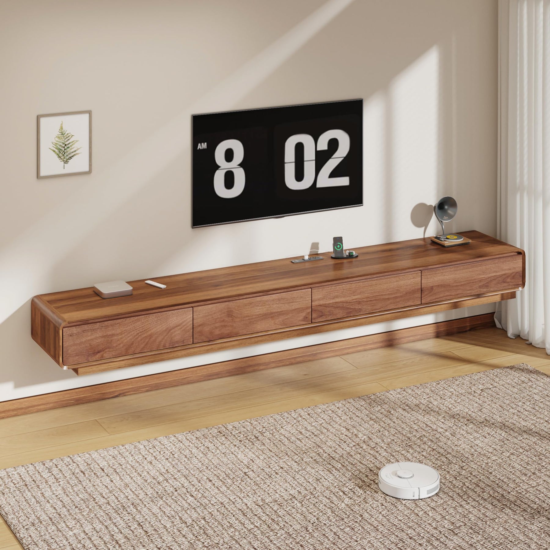 CayugaCrekrd 102.4'' Minimalist Floating TV Stand with Power Outlet, Modern Wall-Mounted Entertainment Center for TVs up to 100 Inches, Media Console with Rounded-Corner Design, Walnut and Black